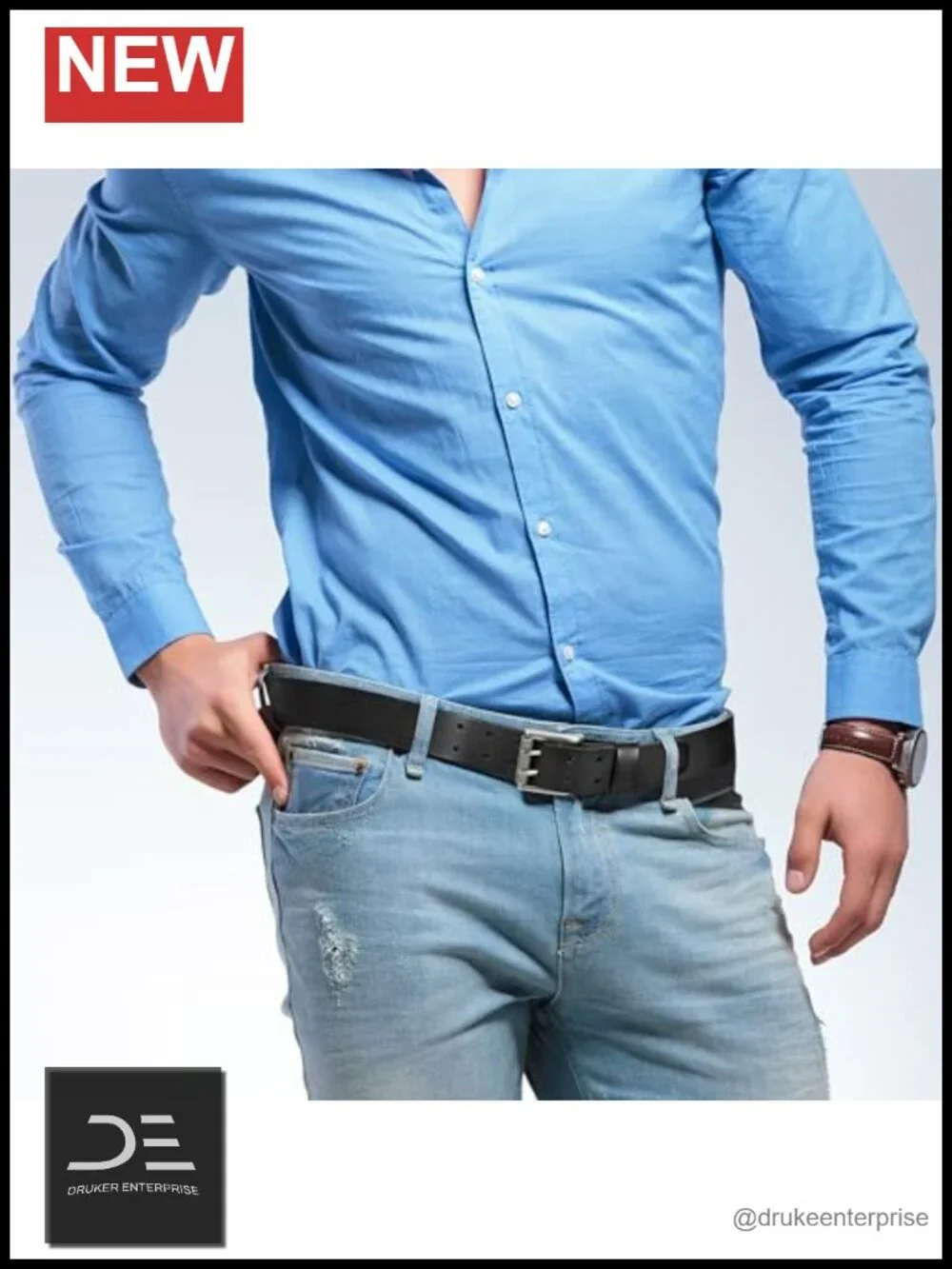 Genuine Leather Men's Belt with Removable Double-Prong Roller Buckle, 38mm